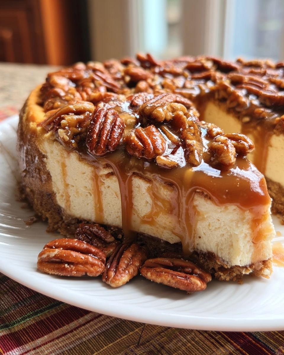 A close-up of a slice of Salted Caramel Pecan Cheesecake, generously topped with caramel sauce and whole pecans.