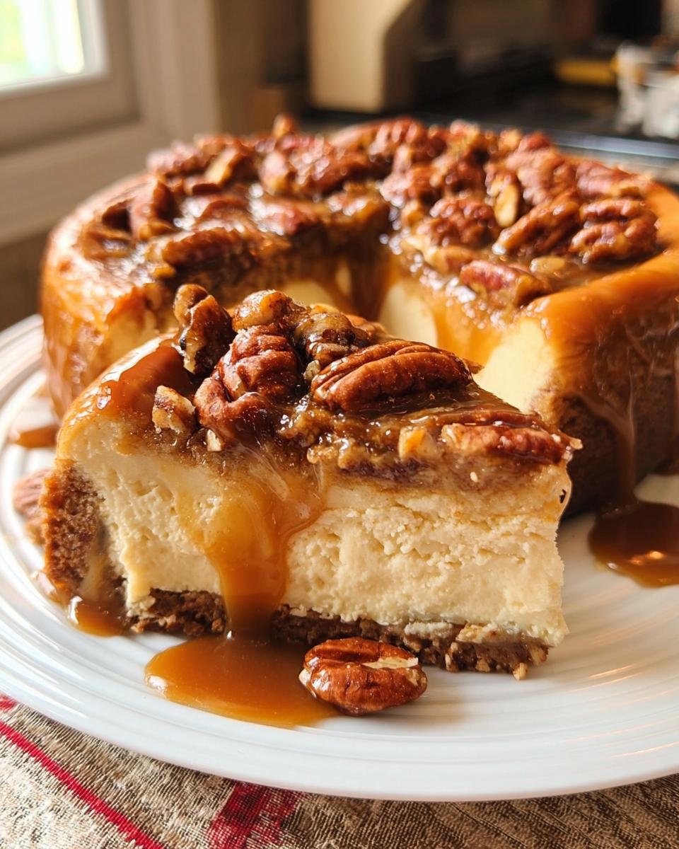 A decadent slice of Salted Caramel Pecan Cheesecake topped with pecans and dripping with caramel sauce.