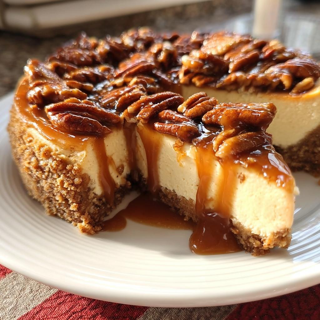 A slice cut from a rich Salted Caramel Pecan Cheesecake, topped with pecans and dripping with caramel sauce.