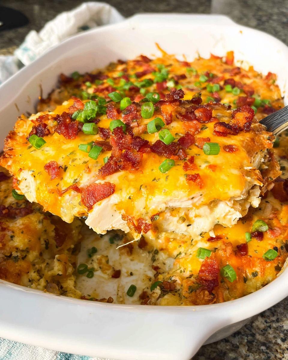 A serving spoon lifts a cheesy, bacon-topped piece of Crack Chicken Casserole Bake from a white baking dish.