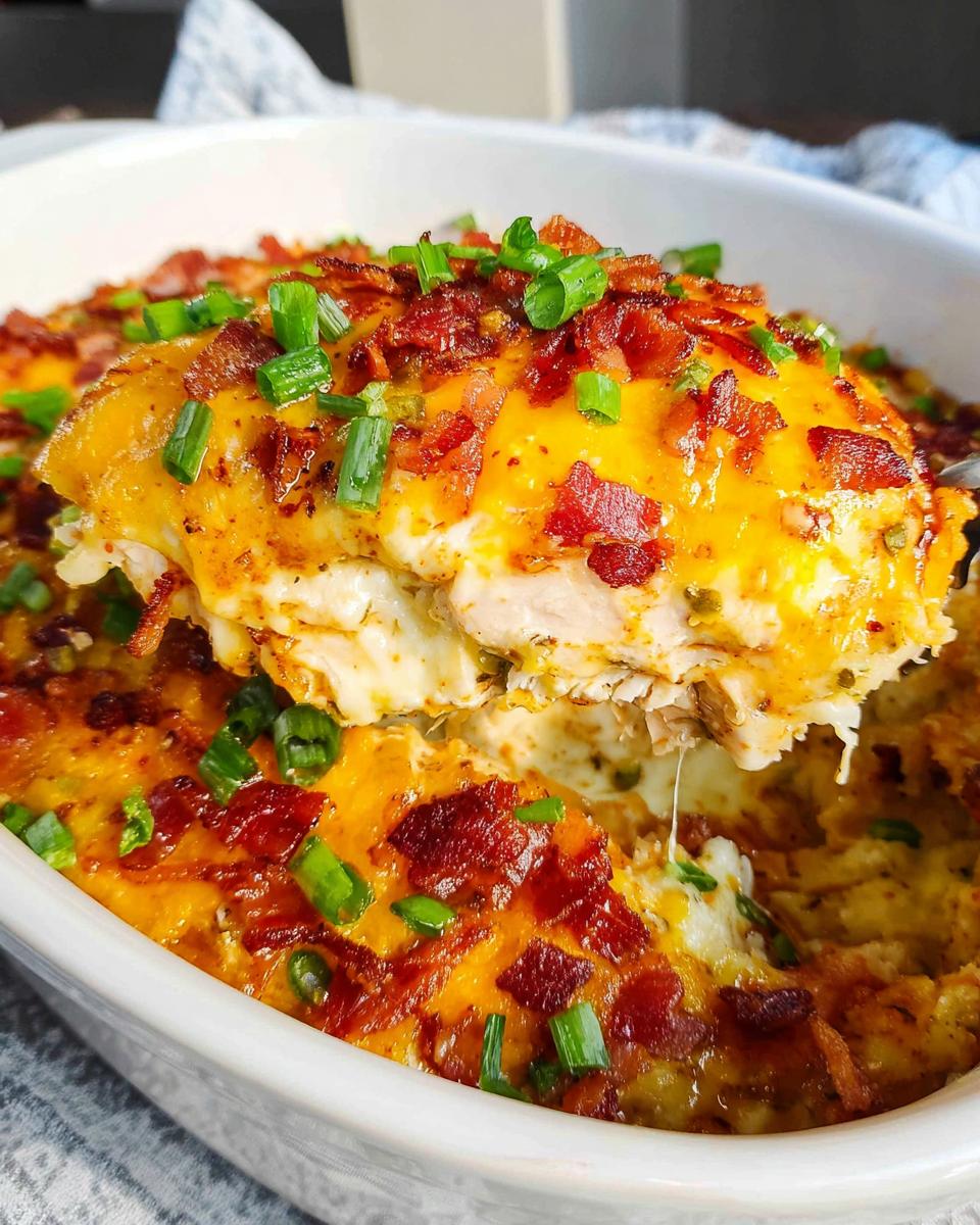 A serving spoon lifts a cheesy portion of Crack Chicken Casserole Bake topped with bacon and green onions.