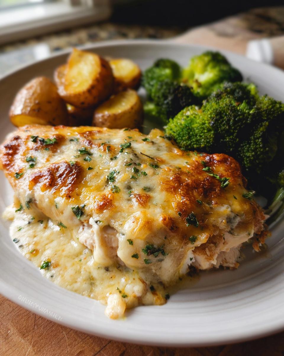A serving of Sheet Pan Baked Chicken and Broccoli topped with melted cheese, served with roasted potatoes.