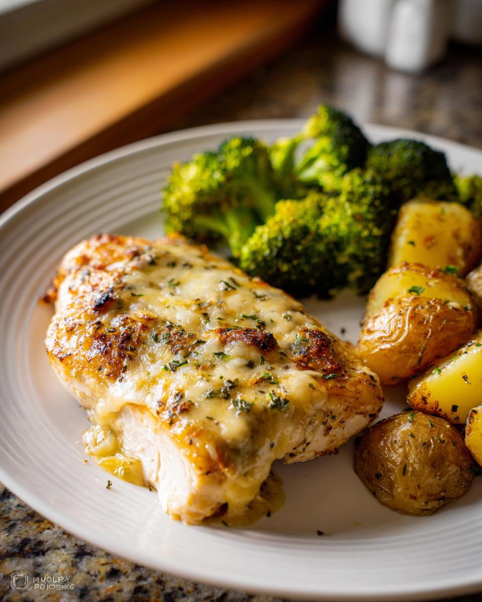 A close-up of a cheesy Sheet Pan Baked Chicken and Broccoli meal served with roasted potatoes.