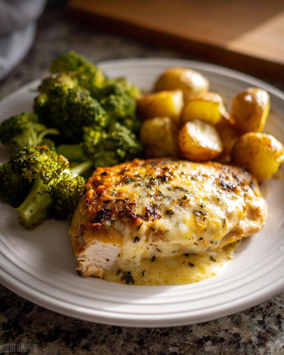 A close-up of a serving of Sheet Pan Baked Chicken and Broccoli with roasted potatoes on a white plate.