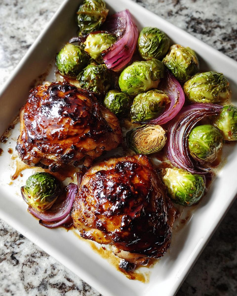 Two pieces of glazed chicken thighs served with roasted Brussels sprouts and red onion wedges from Sheet Pan Balsamic Chicken.