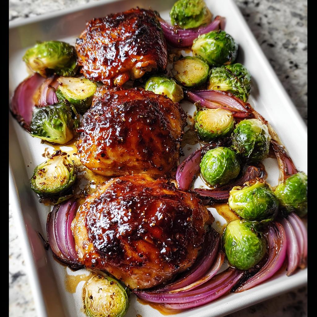 Three pieces of glazed chicken thighs roasted with Brussels sprouts and red onion wedges on a white sheet pan.