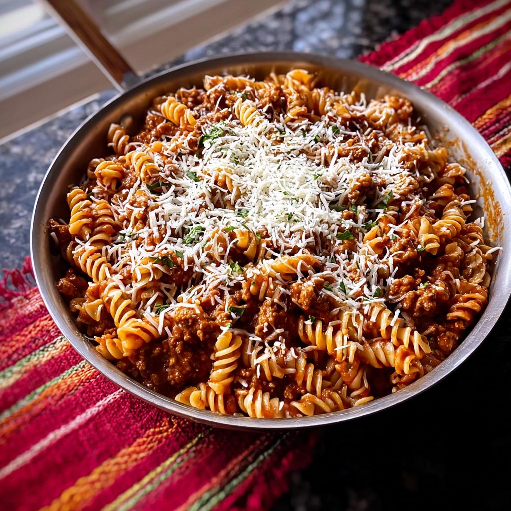 A skillet filled with rotini Ground Turkey Pasta tossed in a rich sauce and topped generously with shredded white cheese.