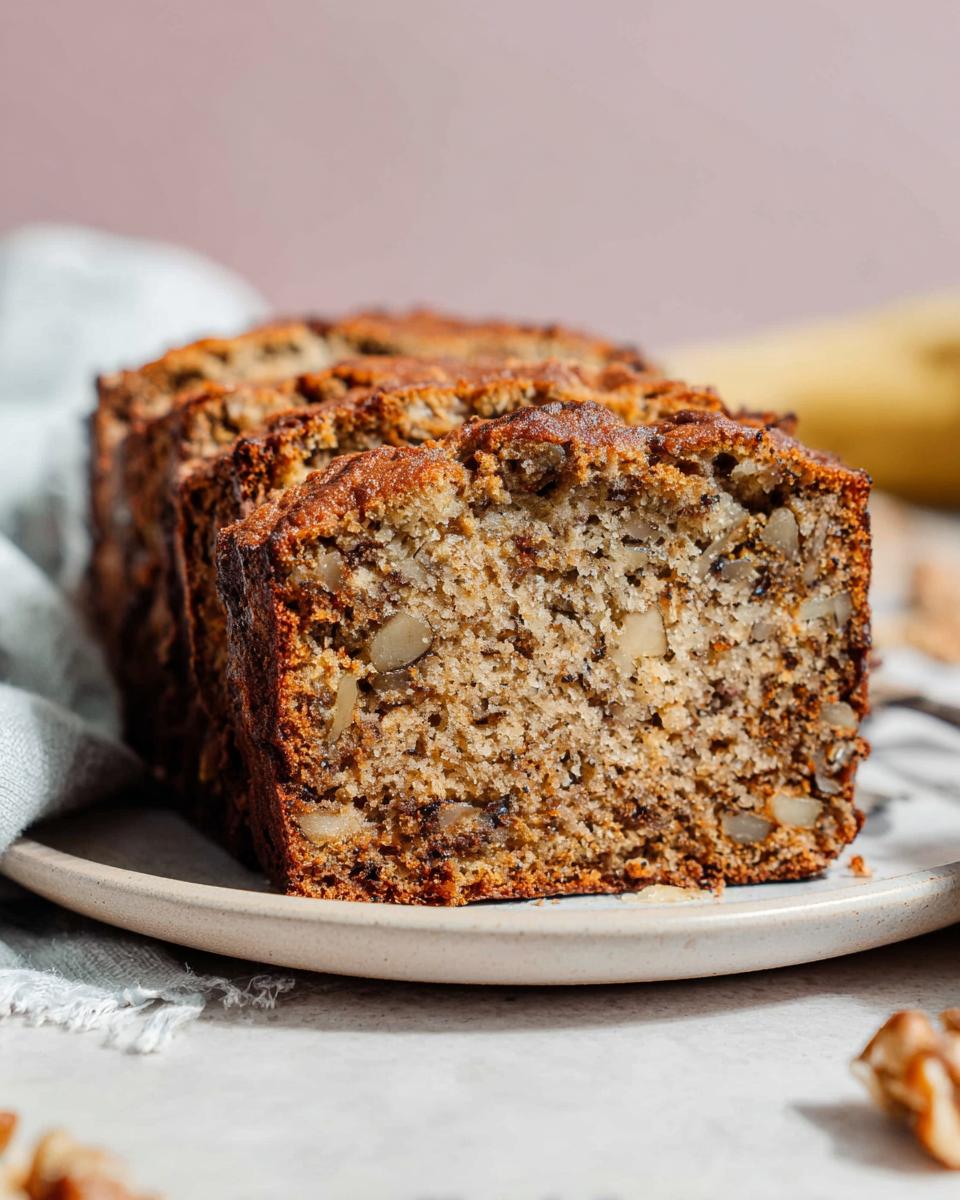Close-up of several thick slices of moist Banana Nut Bread with Walnuts on a plate.