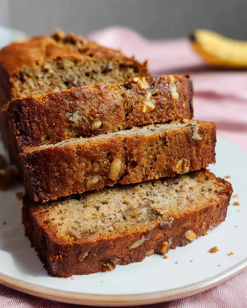 Three thick slices of moist Banana Nut Bread with Walnuts stacked on a white plate.