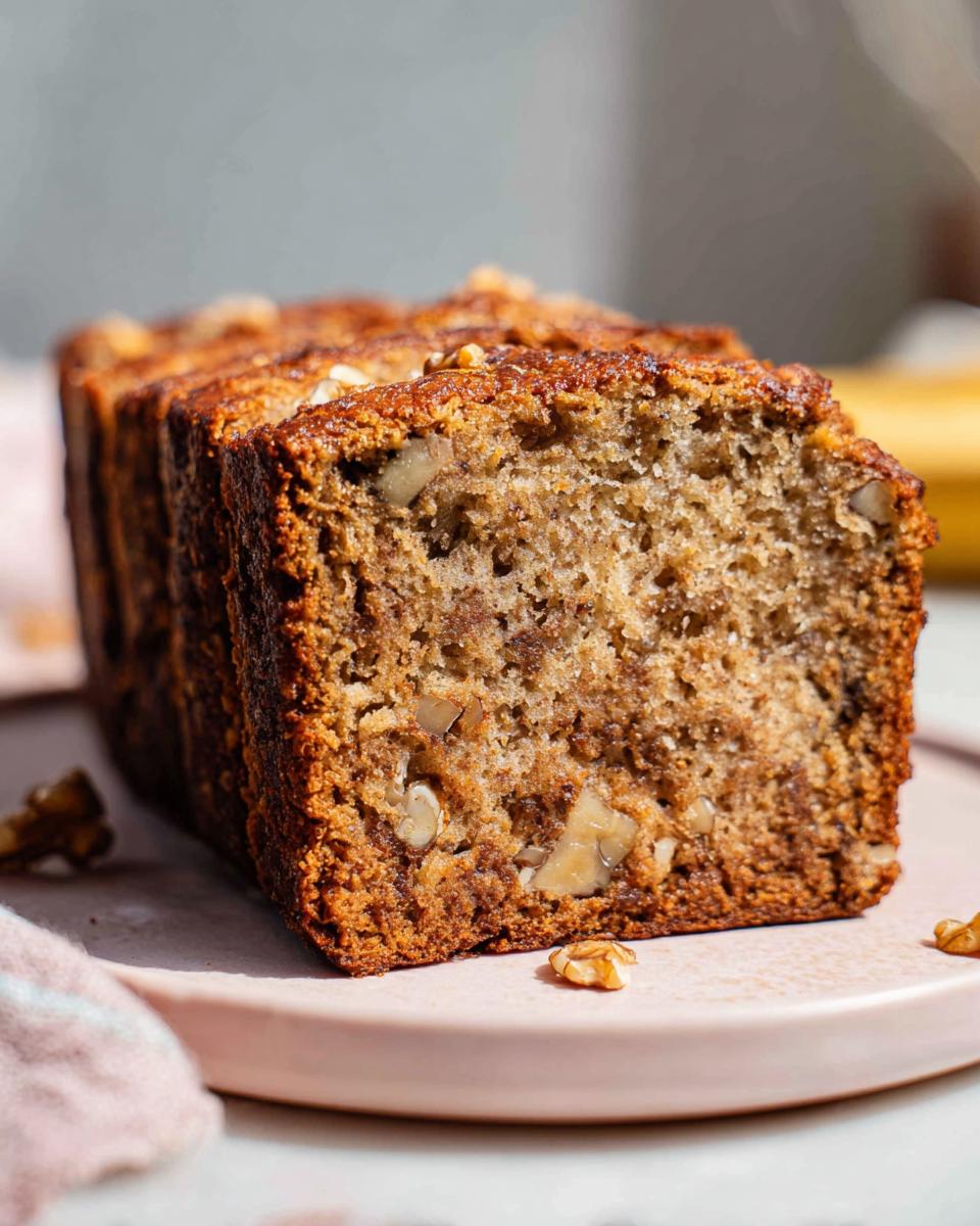Close-up of several moist slices of Banana Nut Bread with Walnuts displayed on a pink plate.