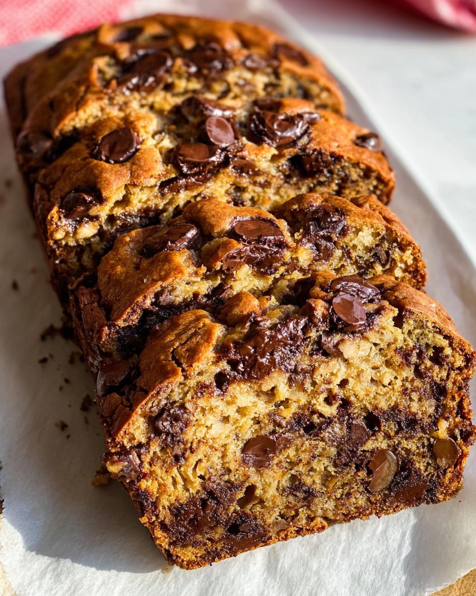 Close-up of sliced Brown Butter Banana Bread loaded with melted chocolate chips.
