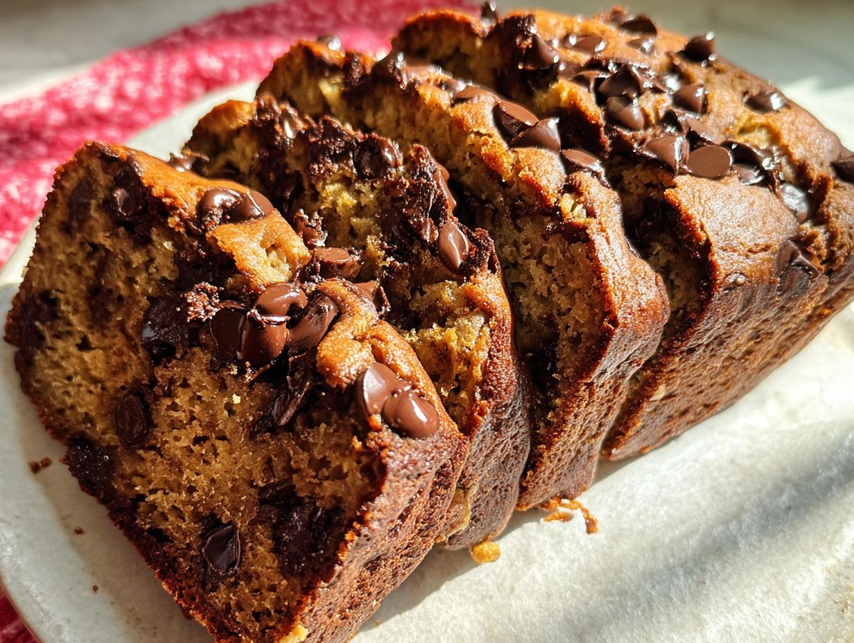 Slices of moist Brown Butter Banana Bread loaded with melted chocolate chips, displayed on a white surface.