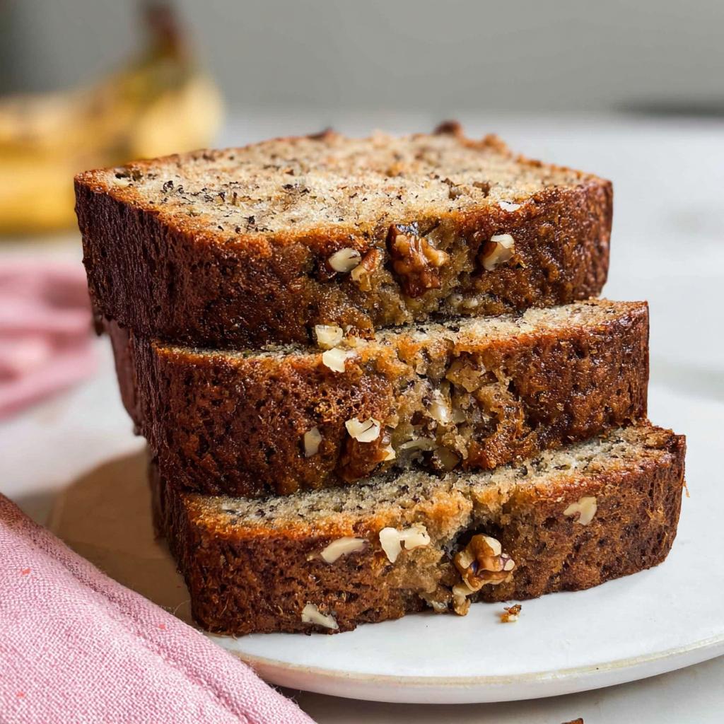 Three thick slices of moist Banana Nut Bread with Walnuts stacked on a white plate.