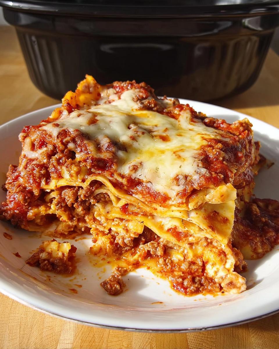 A generous slice of Slow Cooker Lasagna with Meat Sauce, layered with pasta, cheese, and rich meat sauce, served on a white plate.