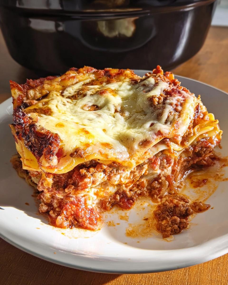 A generous slice of Slow Cooker Lasagna with Meat Sauce topped with melted, browned cheese on a white plate.