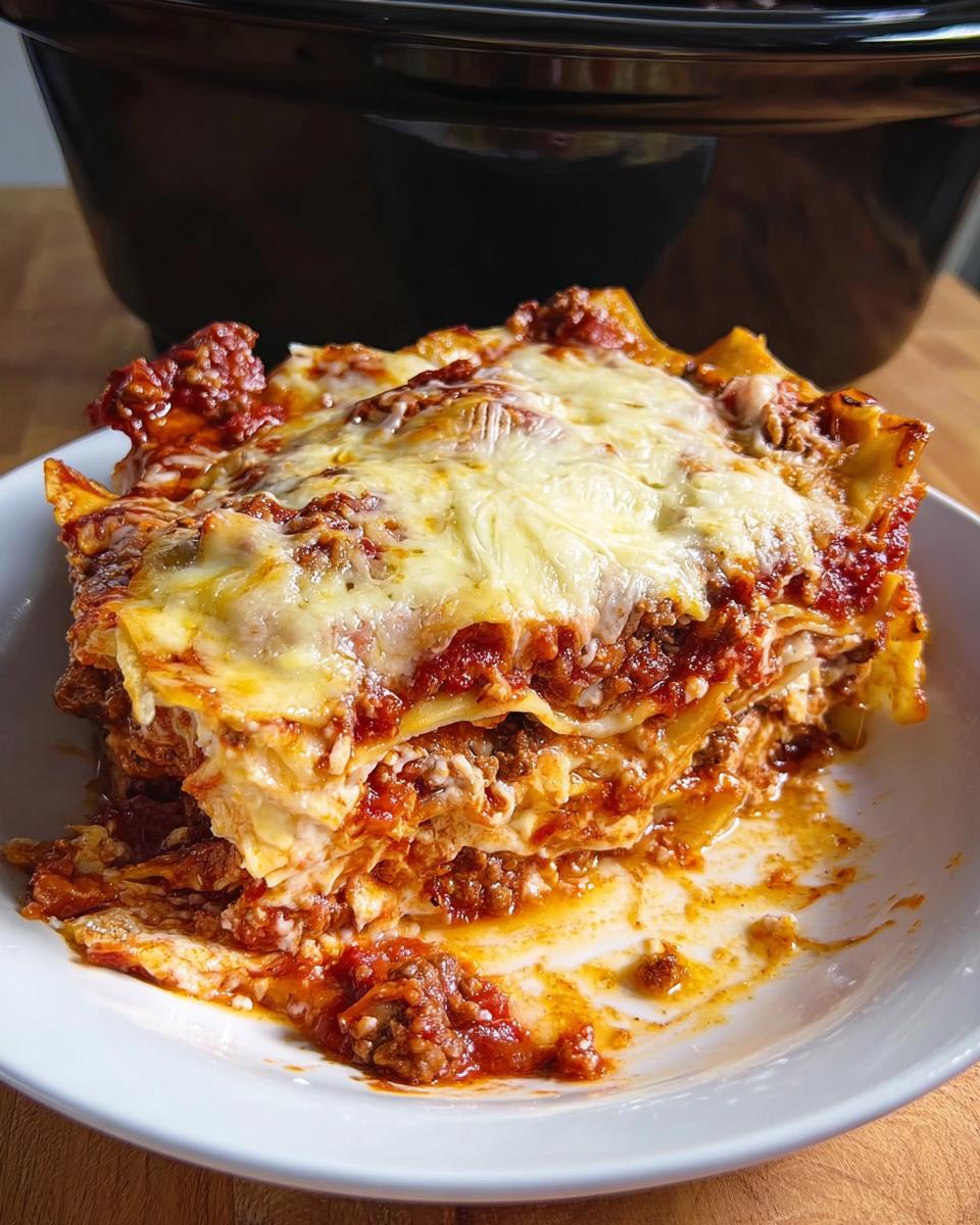 A generous slice of cheesy Slow Cooker Lasagna with Meat Sauce served on a white plate, with the slow cooker visible in the background.