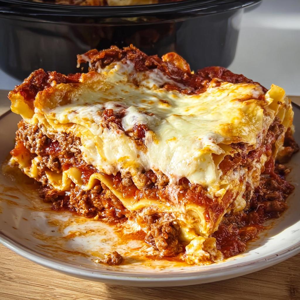 A generous, layered slice of Slow Cooker Lasagna with Meat Sauce, topped with melted cheese, served on a plate.
