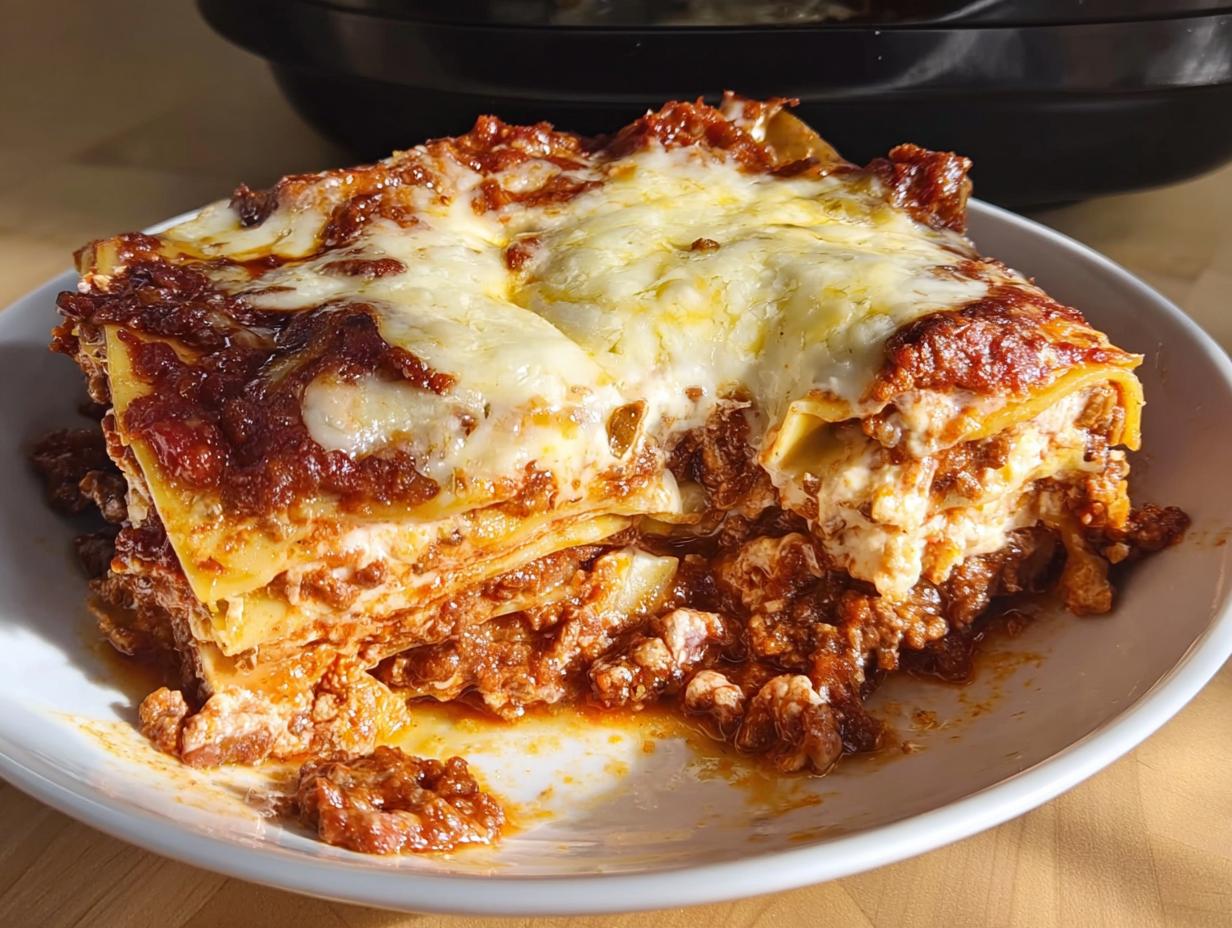 A generous slice of layered Slow Cooker Lasagna with Meat Sauce, topped with melted cheese.