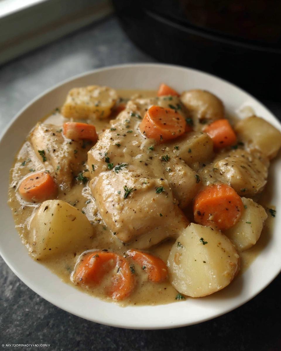 A white bowl filled with Slow Cooker Ranch Chicken Thighs, potatoes, and carrots in a creamy sauce, garnished with herbs.