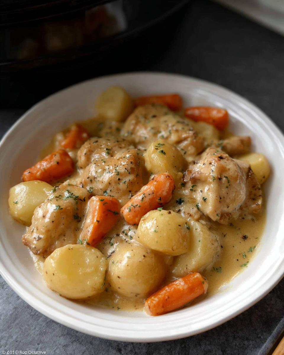A white bowl filled with Slow Cooker Ranch Chicken Thighs, potatoes, and carrots in a creamy sauce, garnished with parsley.