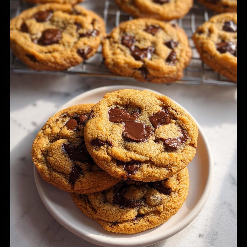Three gooey Small Batch Chocolate Chip Cookies stacked on a white plate with more cookies cooling in the background.
