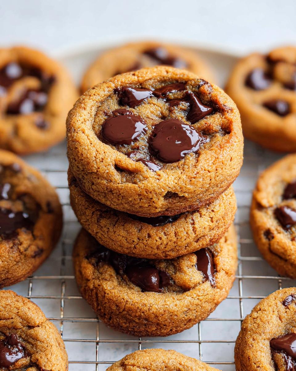 A stack of three gooey Small Batch Chocolate Chip Cookies with melted chocolate chips resting on a cooling rack.