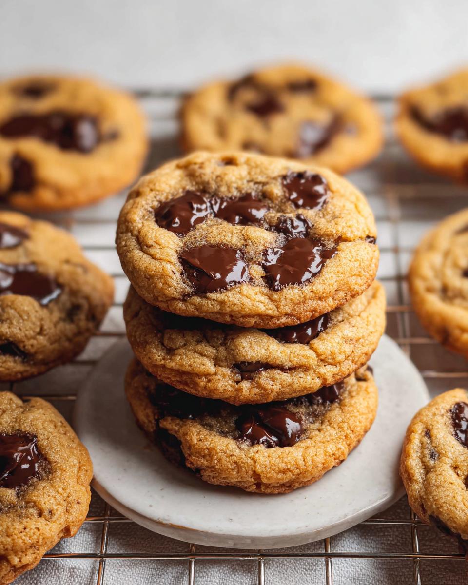 A stack of three gooey Small Batch Chocolate Chip Cookies with melted chocolate chips on a small plate.