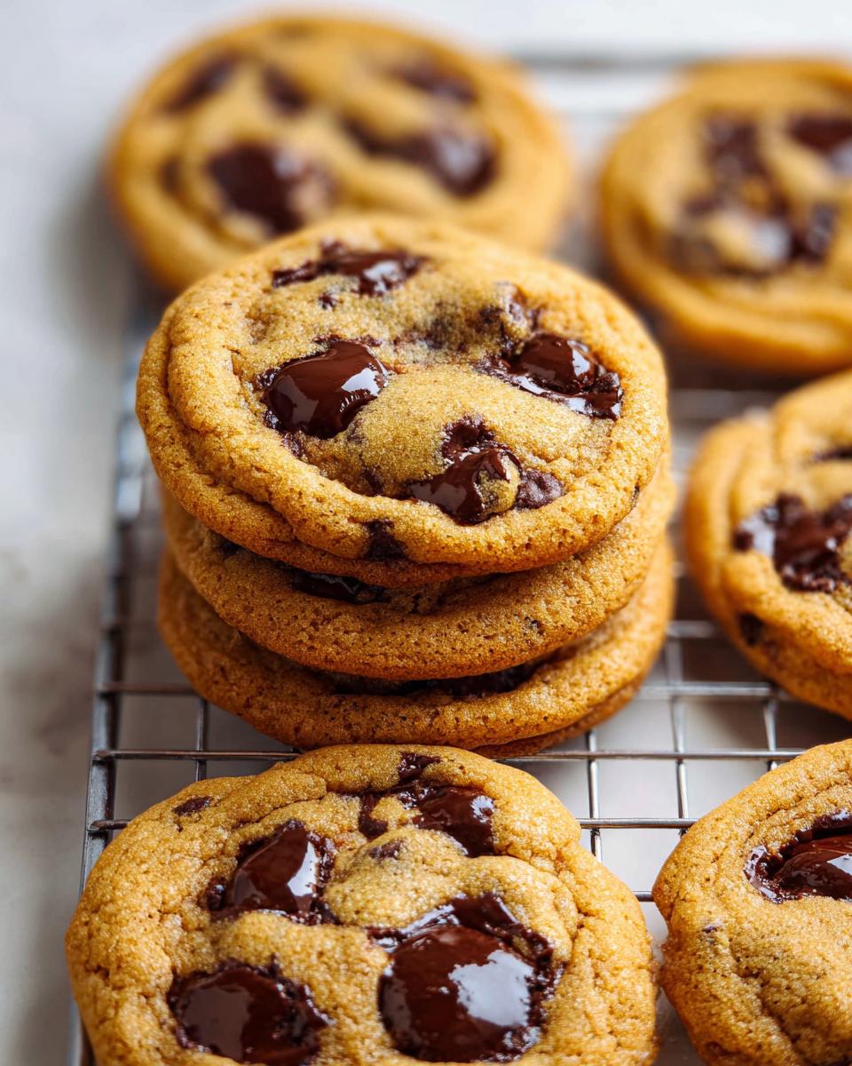 A stack of freshly baked Small Batch Chocolate Chip Cookies cooling on a wire rack.