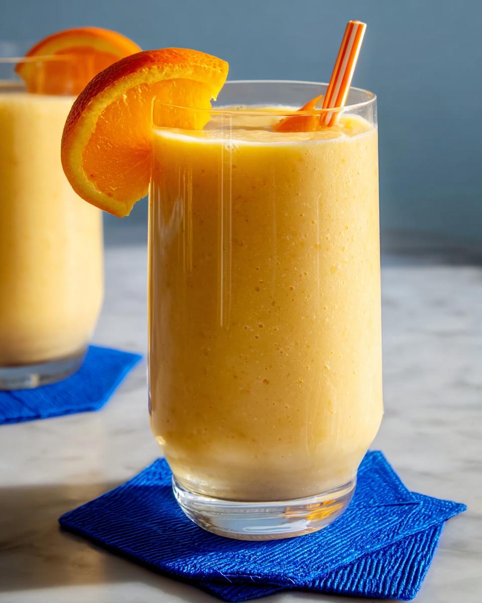 Close-up of a thick, orange-colored Smoothie Recipe Lose belly fat without exercising, garnished with an orange slice.