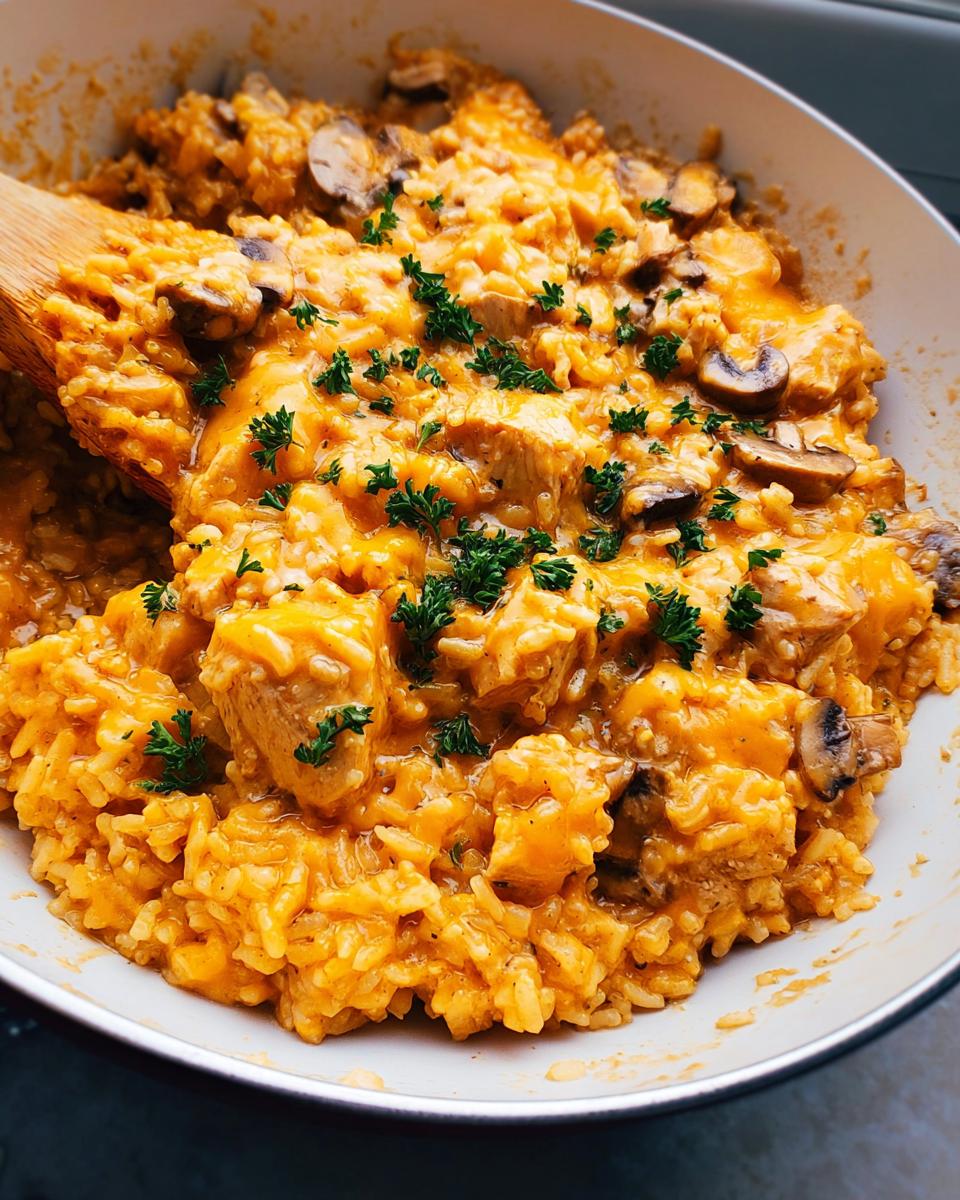 Close-up of creamy Smothered Chicken and Rice Skillet with mushrooms and parsley garnish.