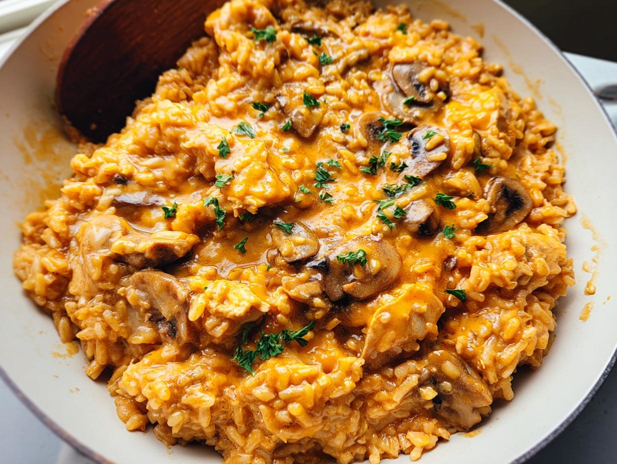 Close-up of creamy Smothered Chicken and Rice Skillet mixed with mushrooms and garnished with parsley.
