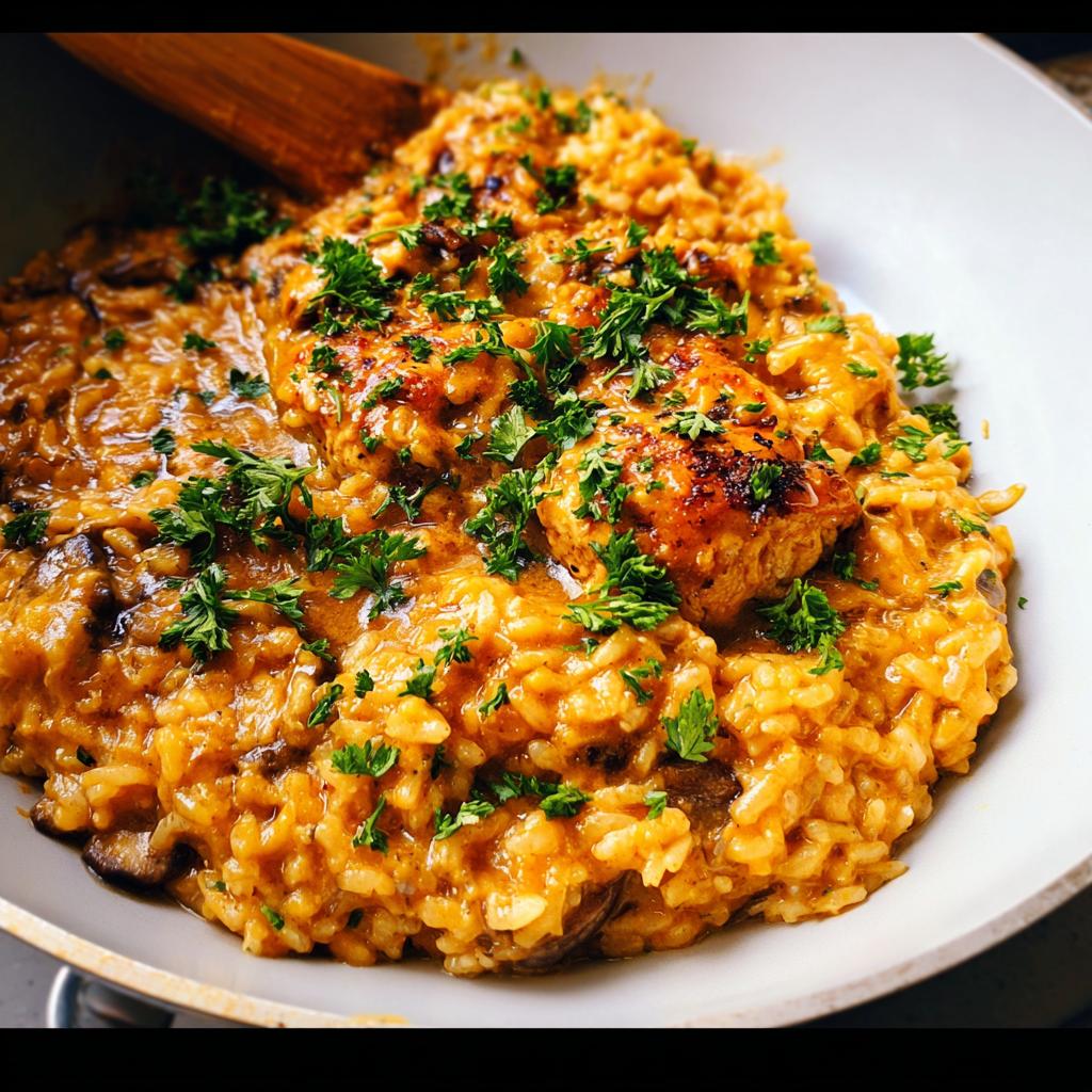 Close-up of Smothered Chicken and Rice Skillet, featuring creamy orange-hued rice, browned chicken pieces, and fresh parsley garnish.