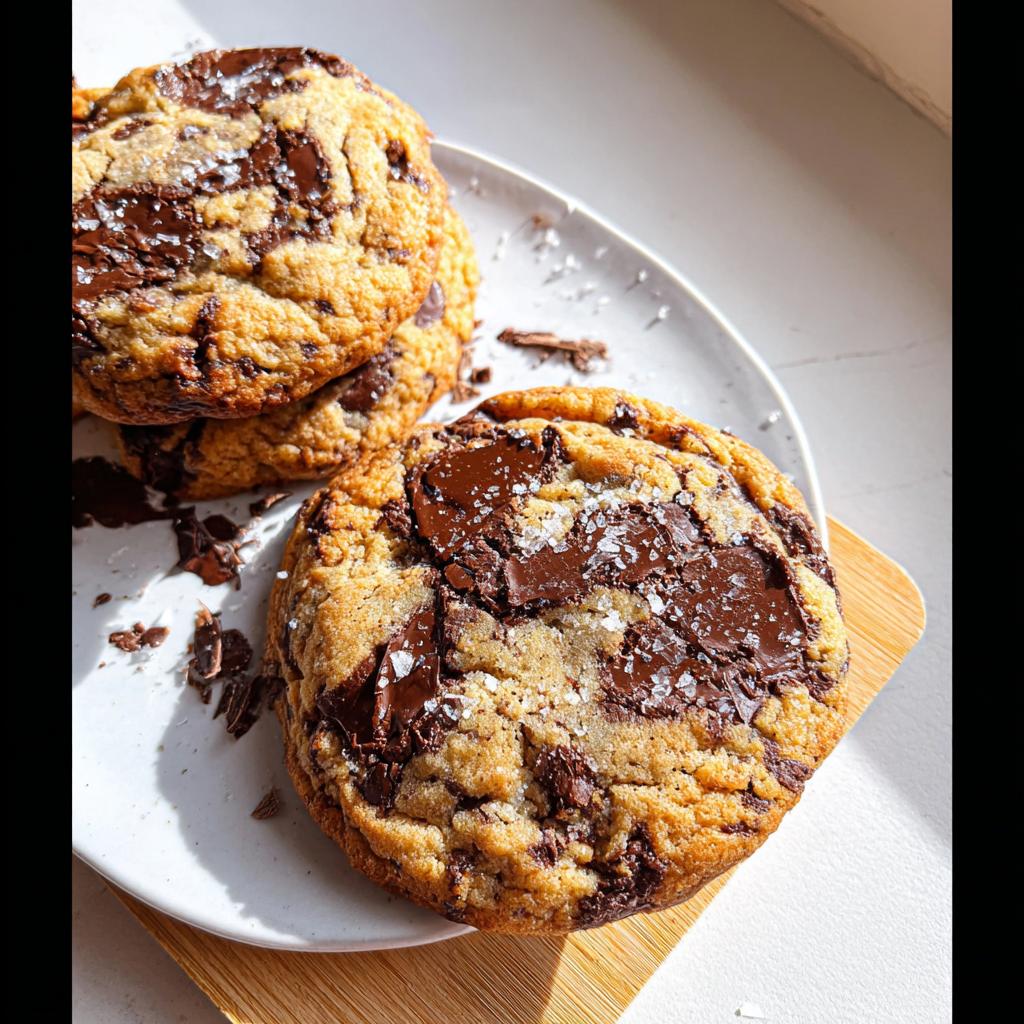Close-up of thick, Soft and Chewy Brown Butter Chocolate Chip Cookies topped with melted chocolate and sea salt.