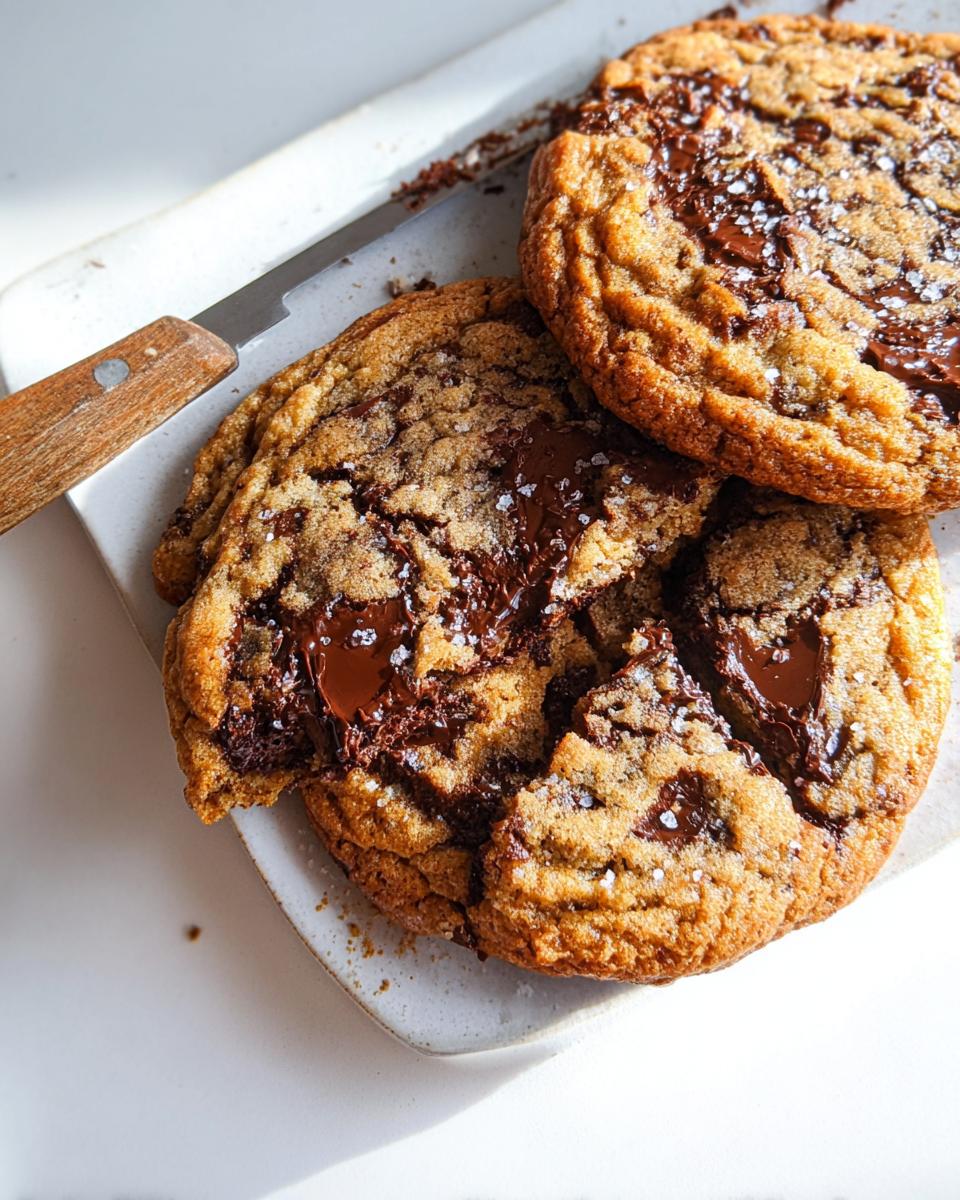 Close-up of two Soft and Chewy Brown Butter Chocolate Chip Cookies, featuring melted chocolate pools and sea salt.
