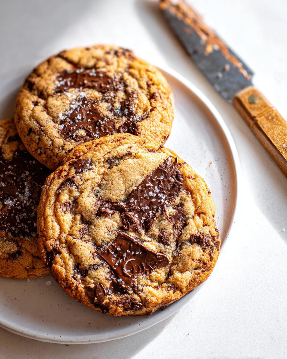 Three Soft and Chewy Brown Butter Chocolate Chip Cookies topped with flaky sea salt on a white plate.