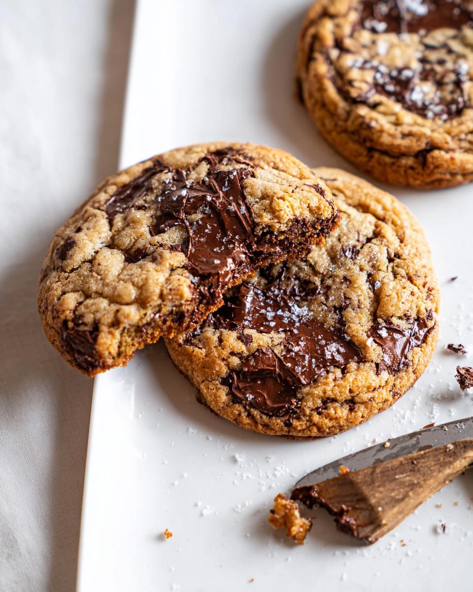 Close-up of a Soft and Chewy Brown Butter Chocolate Chip Cookie broken in half, revealing melted chocolate and sea salt.