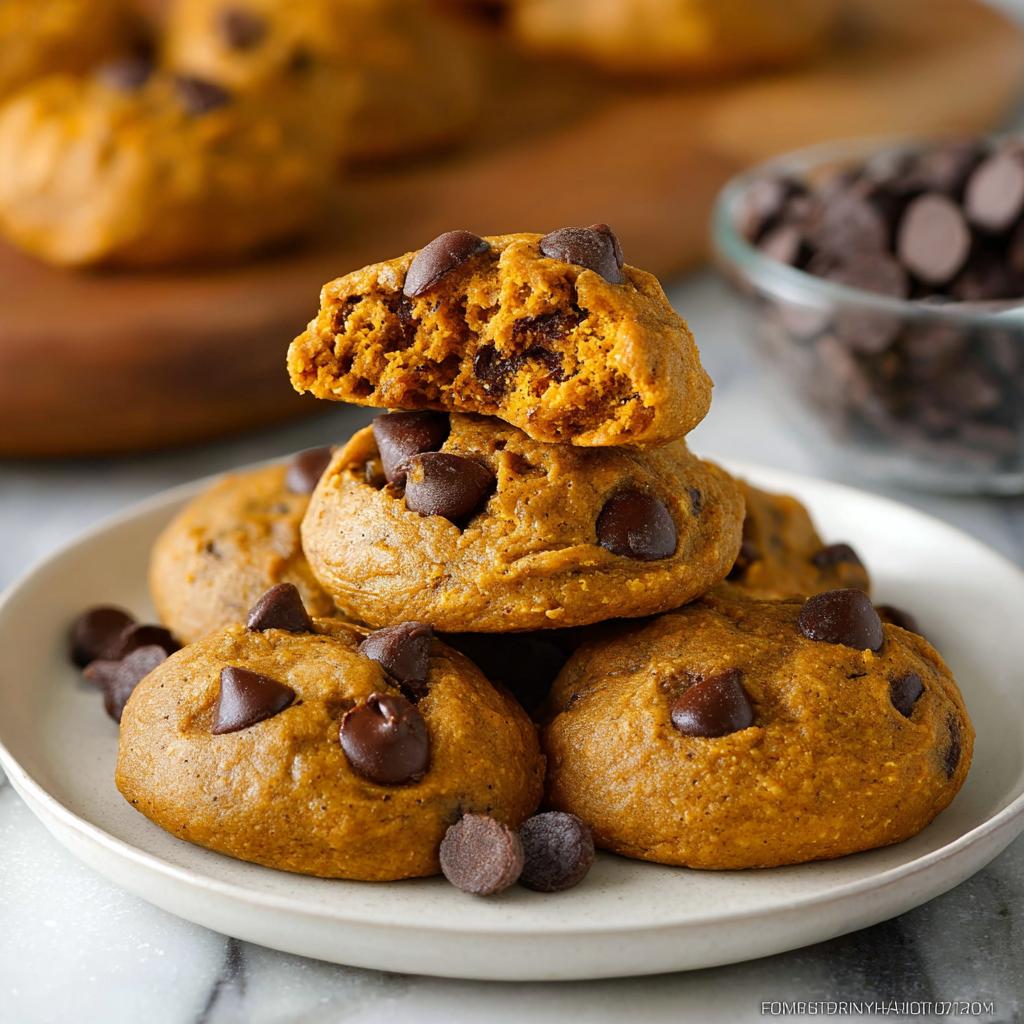 Close-up of a stack of Soft Pumpkin Chocolate Chip Cookies, one broken open showing the moist interior.