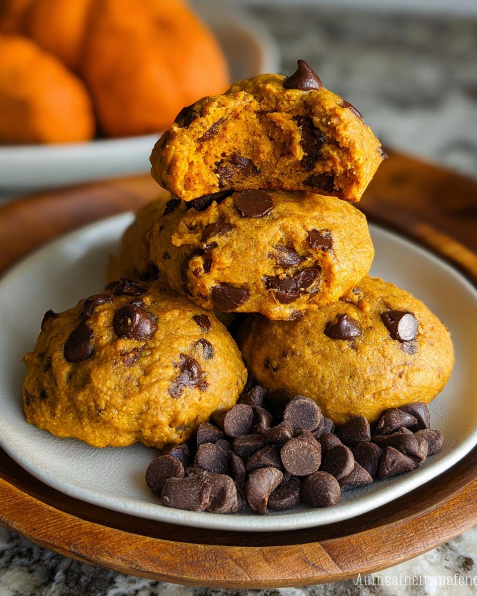 A stack of four incredibly soft pumpkin chocolate chip cookies, one broken open, served with loose chocolate chips.