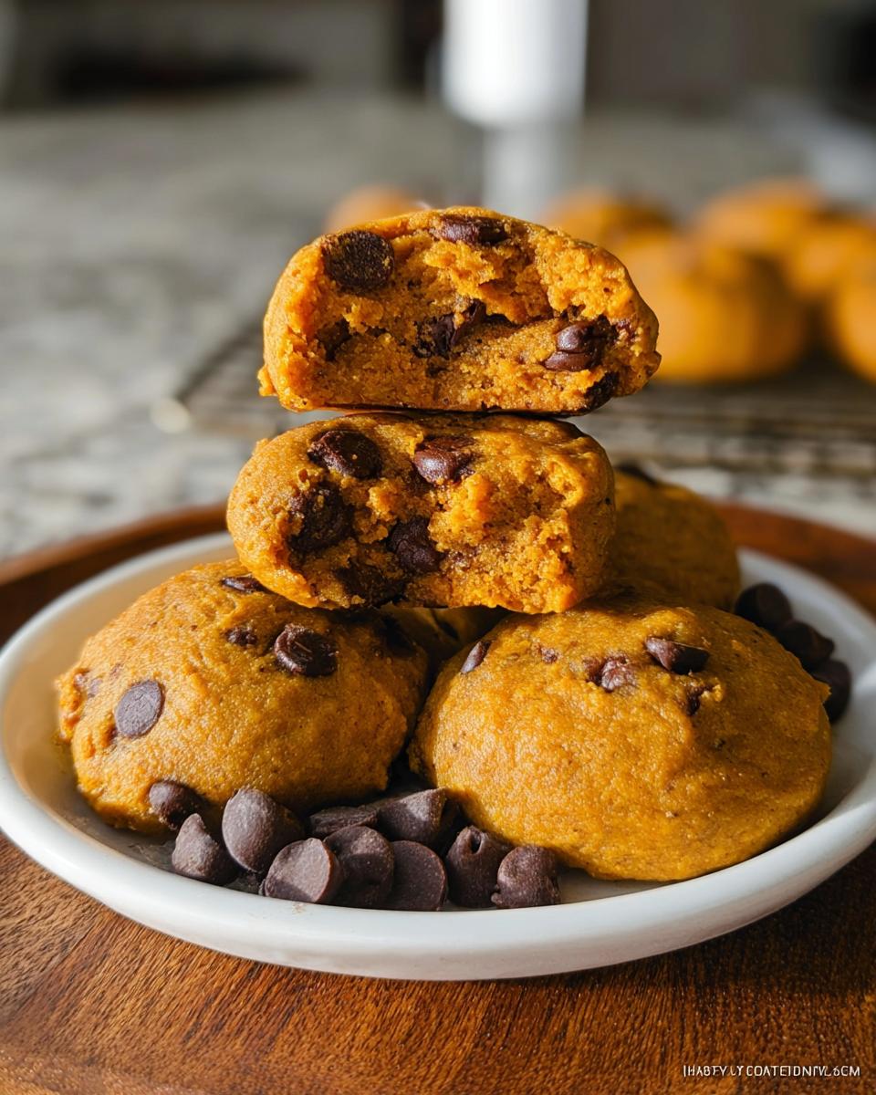 Stack of incredibly soft pumpkin chocolate chip cookies, one broken open to show the moist interior.