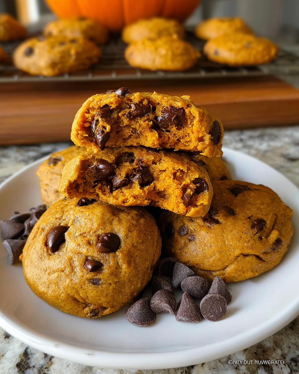 A stack of soft pumpkin chocolate chip cookies, one broken open to show the moist interior and melted chips.