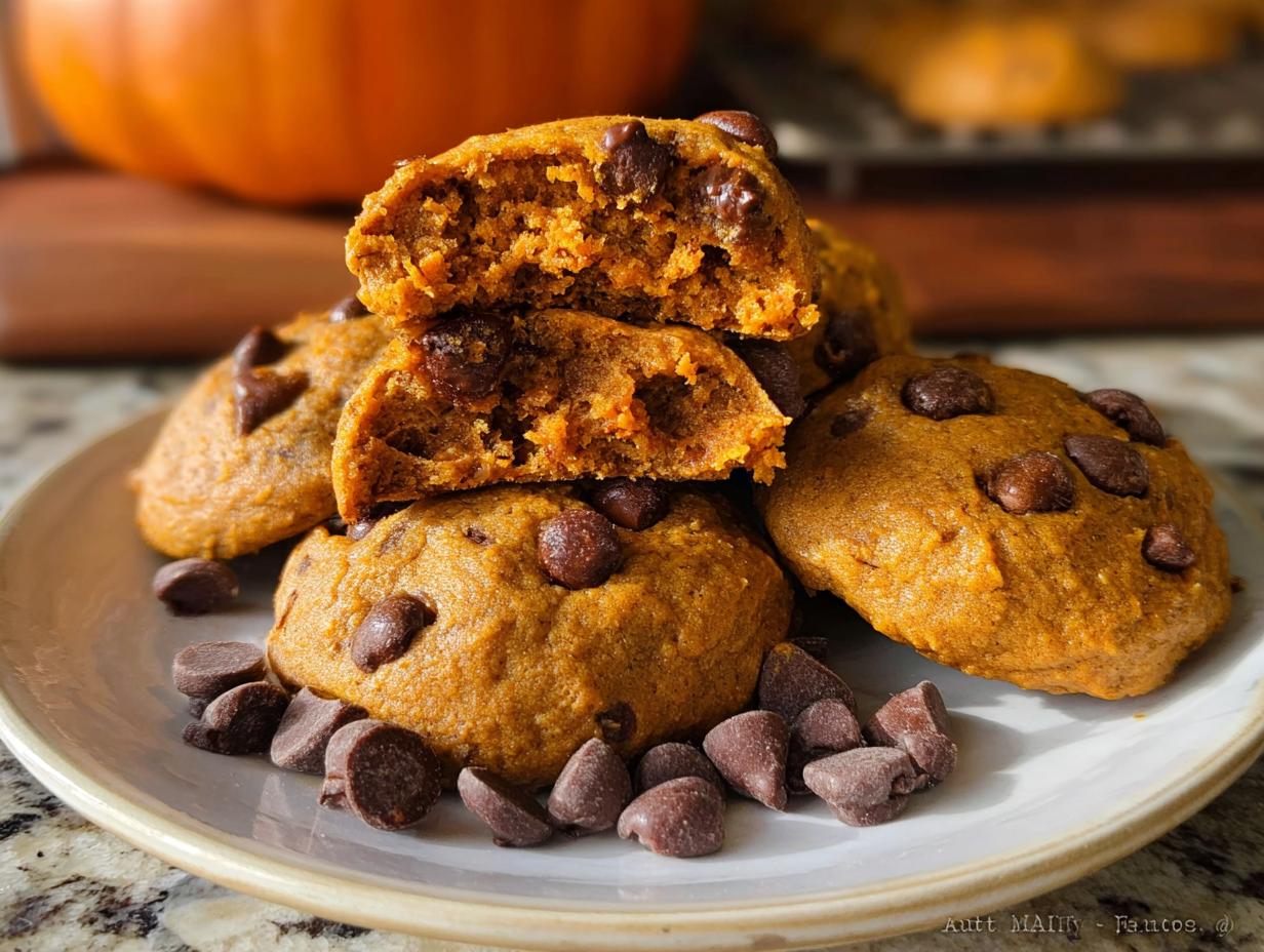 A stack of incredibly soft pumpkin chocolate chip cookies, one broken open to show the moist interior.