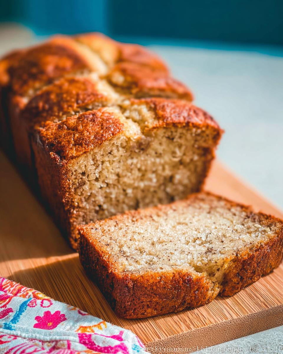 A close-up of a freshly baked loaf of Sour Cream Banana Bread, with one moist slice cut and resting beside it on a wooden board.
