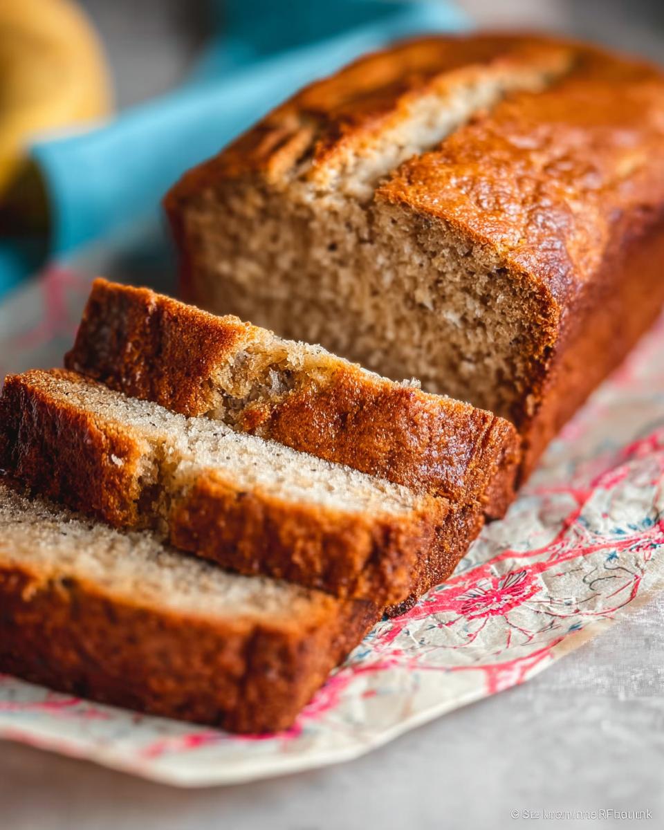 Close-up of a golden-brown loaf of Sour Cream Banana Bread, with two slices cut and resting in front.