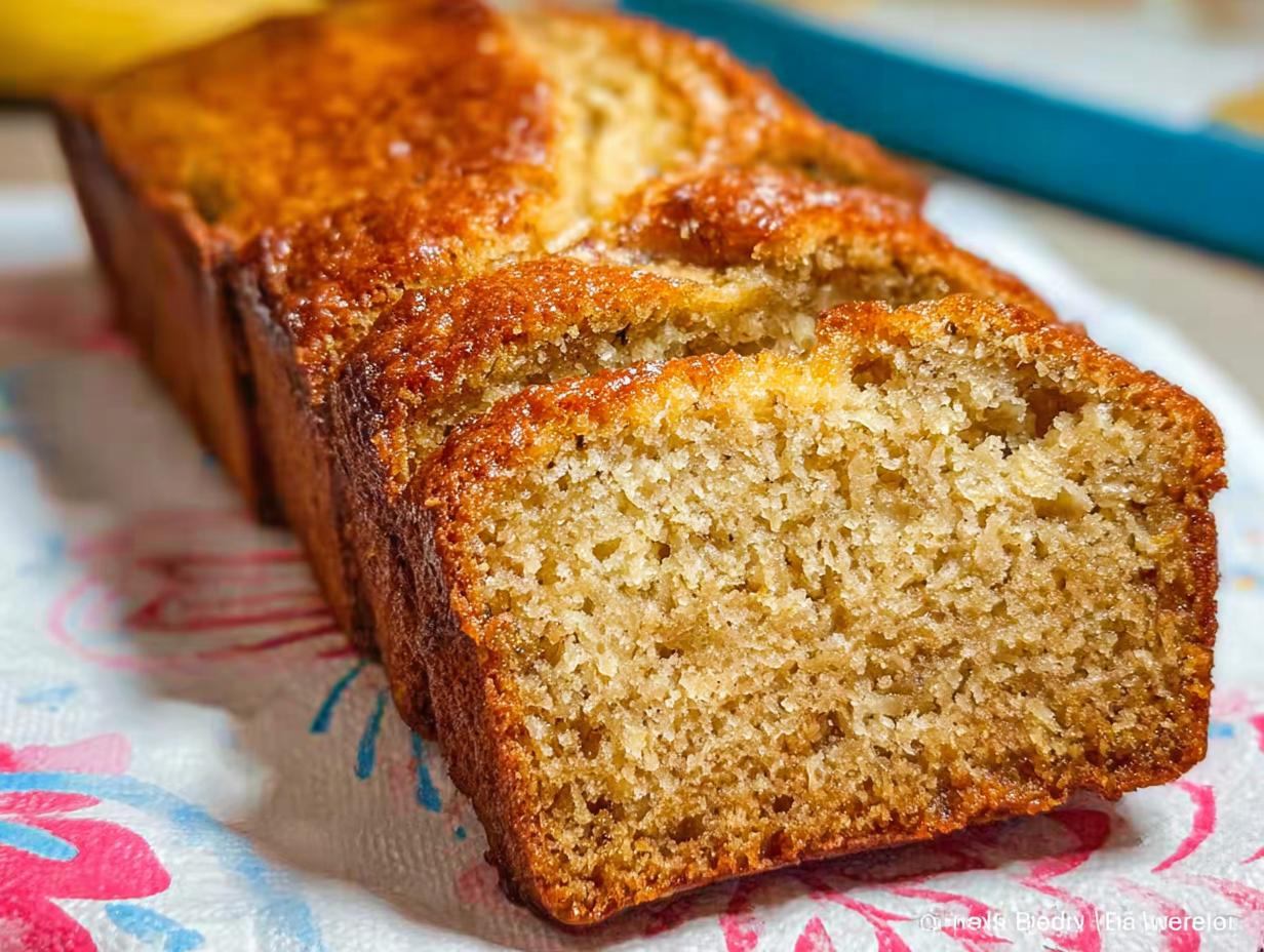 Close-up of sliced Sour Cream Banana Bread showing its moist, golden crumb and caramelized top crust.