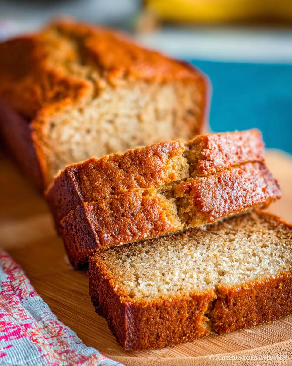 Close-up of thick slices of moist Sour Cream Banana Bread with a golden-brown crust.