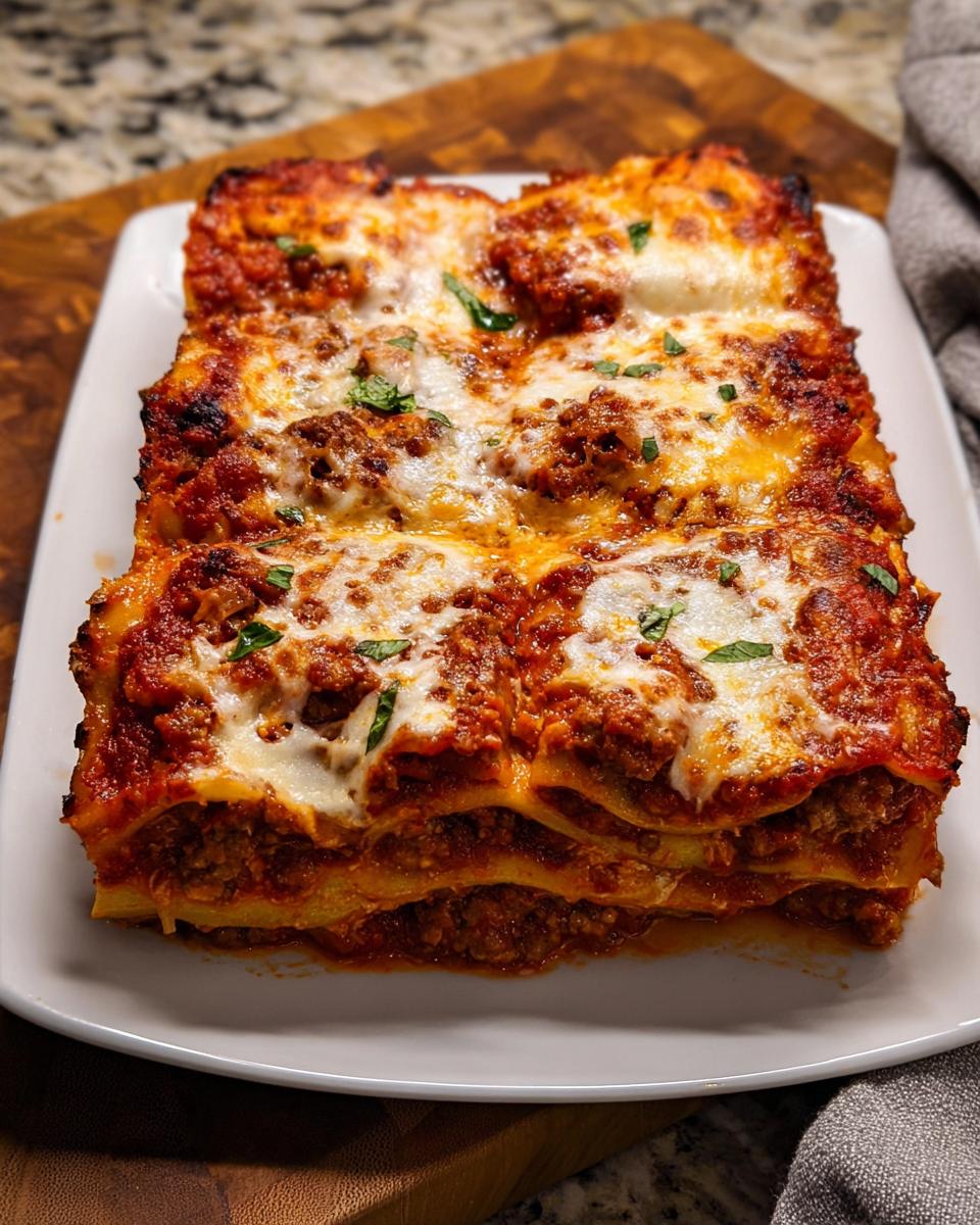 A baked portion of Spicy Sausage and Ricotta Lasagna with melted cheese and meat sauce, garnished with herbs.