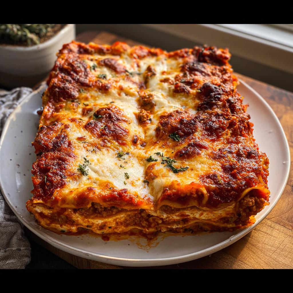 A square serving of rich, baked Spicy Sausage and Ricotta Lasagna topped with melted, browned cheese and parsley.