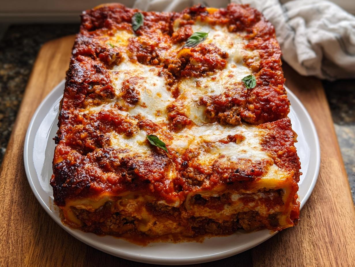 A square serving of rich, baked Spicy Sausage and Ricotta Lasagna topped with melted cheese and basil.