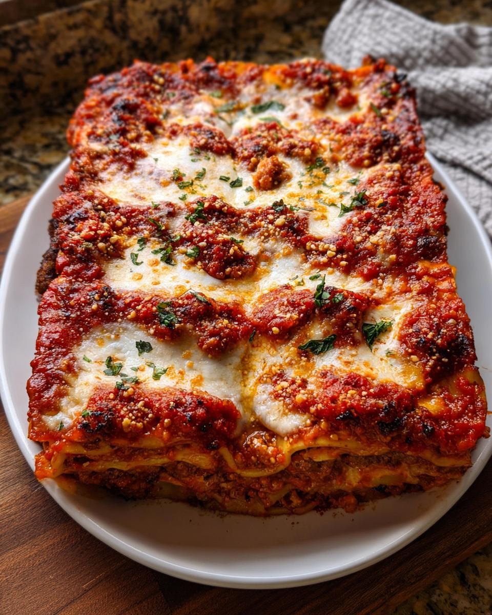 A square serving of baked Spicy Sausage and Ricotta Lasagna topped with melted cheese and red sauce.