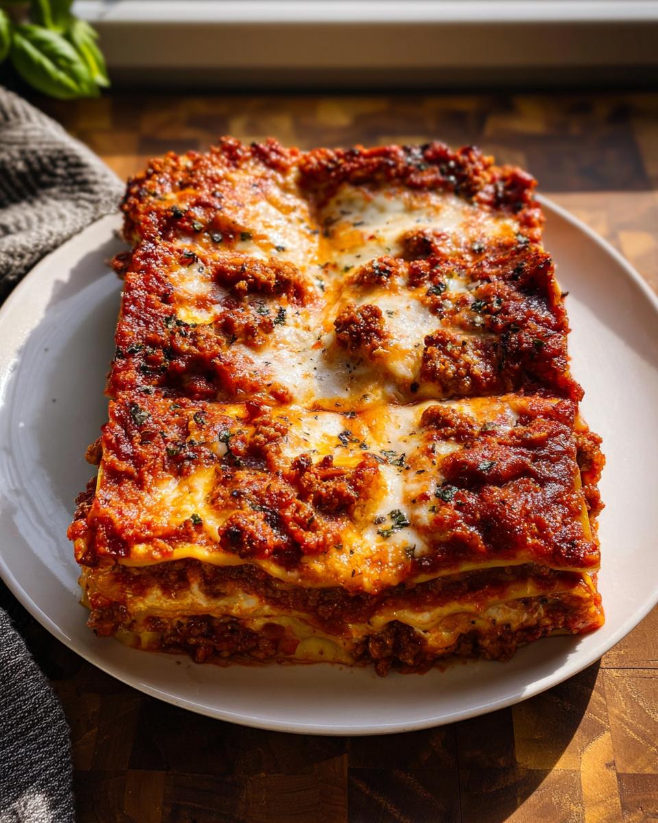 A generous slice of Spicy Sausage and Ricotta Lasagna with melted cheese and rich tomato sauce.